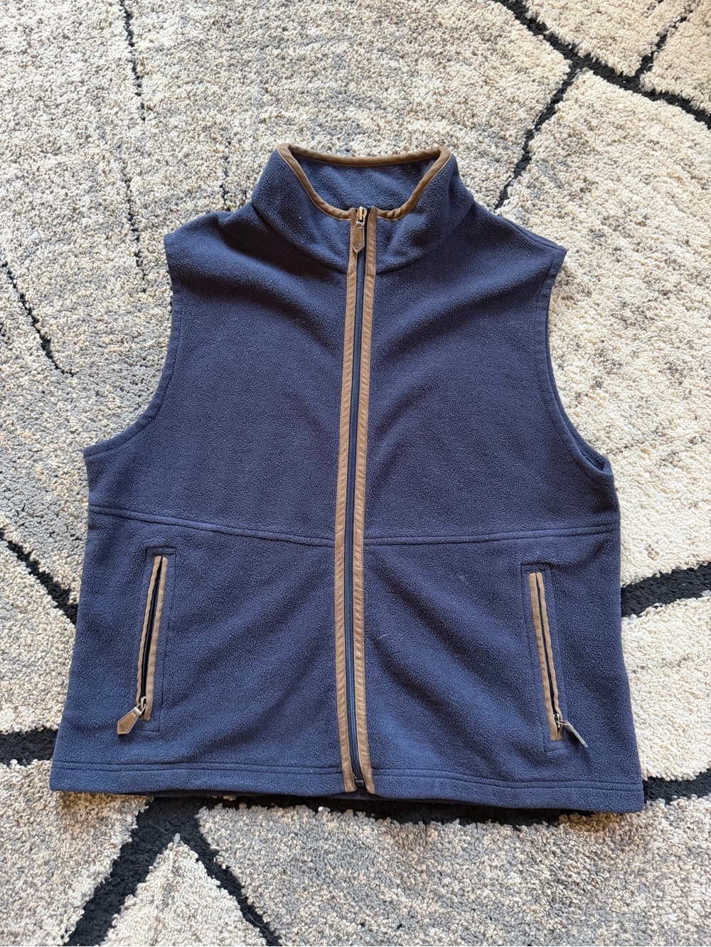 Women’s Navy Fleece Zip-Front Vest with Tan Trim